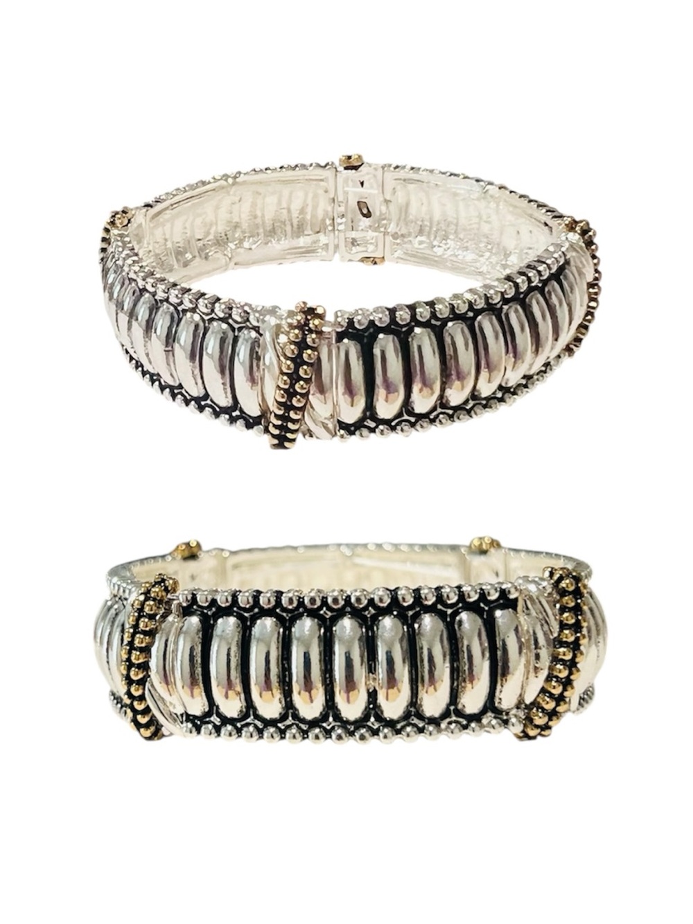 Two Tone Silver & Gold Stretch Bracelet | Chunky Cuff Statement Bracelet